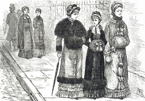 Illustratie van jonge vrouwen met mofjes om hun handen warm te houden tijdens kouder weer door Mary Ellen Edwards