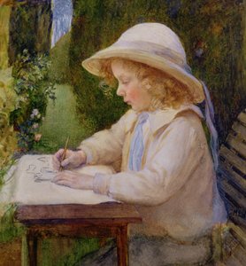 Meisje tekent op een tuintafel (studie)