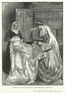 Lisbeth schudde voor hen de plooien van de trouwjurk van hun grootmoeder uit (gravure) door Mary L. Gow