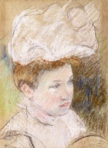 Leontine in een roze pluizige hoed door Mary Cassatt