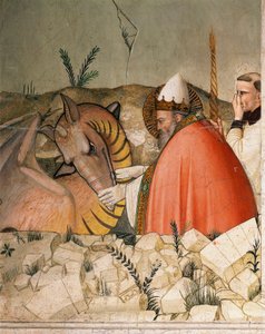 Episodes uit het oudejaarsleven: Paus Sint Sylvester I (Silvester of Silvestro) (314-335) sluit de mond van de draak. (detail)