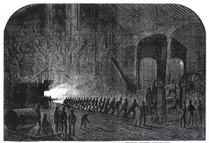 Proces van het rollen van pantserplaten voor de schepen van Hare Majesteit in de Alas Steelworks, Sheffield, illustratie uit 
