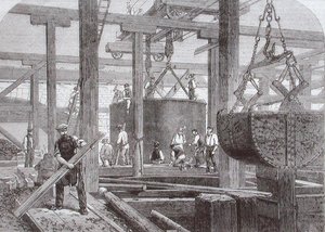 Uitzicht op bouwwerkzaamheden aan Blackfriars Bridge voor de London, Chatham en Dover Railway met het zinken van een cilinder voor een van de ronde stenen pijlers door Mason Jackson