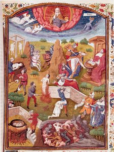 Visioen van Boccaccio: scène van marteling, ophanging, bloedbad Miniatuur uit 