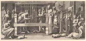 Vrouwen spinnen, weven en naaien, 1540-50 door Master FG
