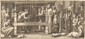 Penelope en haar dienstmeisjes aan het weven door Master FG, after Francesco Primaticcio