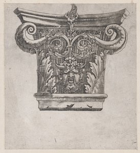 Speculum Romanae Magnificentiae: Kapiteel met peulvruchtvoluten en saterhoofd, ca. 1537