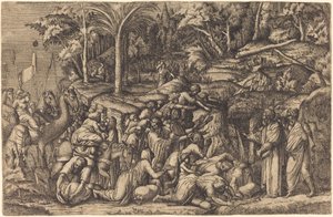 Mozes Slaat op de Rots door Master IV after Francesco Primaticcio