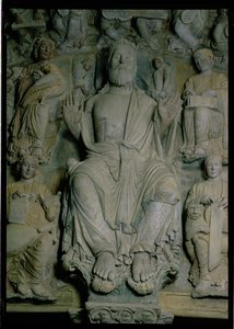 Detail van de Portico de la Gloria met Christus in Majesteit door Master Mateo