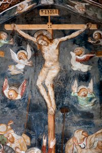 De kruisiging (detail) met de inscriptie INRI door Master Trecentesco of Sacro Speco School