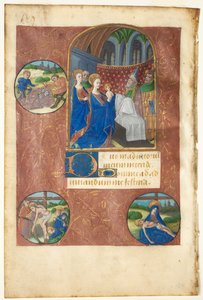 Blad uit een getijdenboek: Presentatie in de tempel met rondellen van het lot werpen