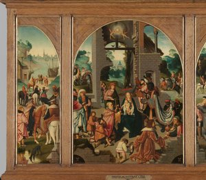 Drieluik met Aanbidding der Wijzen (midden en binnenvleugels), Sint Antonius Abt (links, buitenvleugel) en Sint Adrianus (rechts, buitenvleugel) door Master of Alkmaar (attributed to)