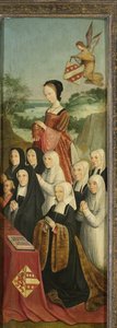 Gedenkplaat met negen vrouwelijke portretten, waarschijnlijk Kathrijn Willemsdr van der Graft en familie, met Sint Maria Magdalena en de families Van Soutelande en Van der Graft-Van Soutelande, binnenste rechtervleugel van een altaarstuk