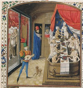 Een badhuis. Uit Facta et dicta memorabilia door Valerius Maximus, ca 1470