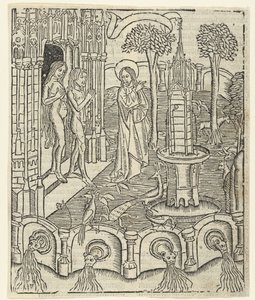 God toont Adam en Eva het Paradijs door Master of Delft (attributed to)