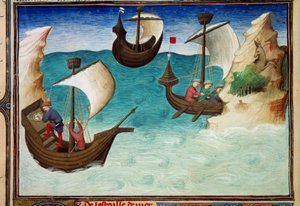 Navigators in de Indische Oceaan georiënteerd met sterren en astrolabium. Miniatuur in 