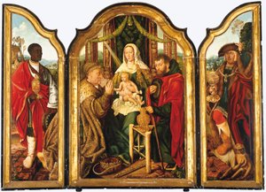 De Heilige Familie met Melchior die Goud aanbiedt aan het Christuskind