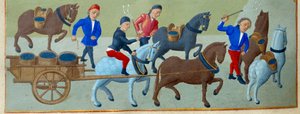 De druivenoogst en transport (detail) door Master of Jean Rolin II