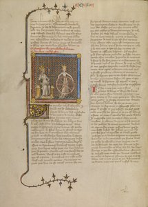 Salomo met een gekroonde vrouwenfiguur die een wiel vasthoudt dat het draaien van de seizoenen illustreert
