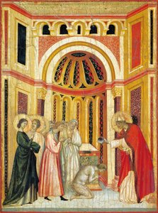 Bisschop Urban doopt Tiburcio, detail van altaarstuk van Legende van Sint Cecilia, circa 1304, door Meester van Sint Cecilia (actief begin 14e eeuw), tempera op paneel en bladgoud gestempeld, 85x181 cm door Master of Saint Cecilia