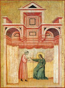 Cecilia overtuigt haar man Valeriaan tot de doop, detail (altaarstuk met de Legende van Sint Cecilia, ca. 1304, door Meester van Sint Cecilia, tempera op paneel en bladgoud, 85x181 cm) door Master of Saint Cecilia