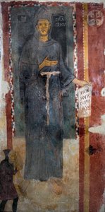 Voorstelling van Sint Franciscus van Assisi (1181-1226). Dit is waarschijnlijk de eerste voorstelling van de heilige uitgevoerd terwijl hij nog leefde, zonder stigma en zonder aureool. Hij houdt een papier vast waarop in het Latijn staat geschreven: Pax hu door Master of Saint Francis of Assisi