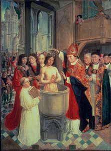 De doop van Clovis I, in Reims door Saint Remi op 25/12/496 (of 499) door Master of Saint Giles