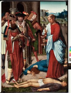 Episode uit het leven van Sint Jan evangelist: Het wonder van de beker met gif (Leven van Sint Jan evangelist, Sint Jan drinkt een beker met gif) Schilderij door de meester van San Giovanni evangelista (einde 15e eeuw) Dim 120x90 cm Genua door Master of Saint John Evangelist