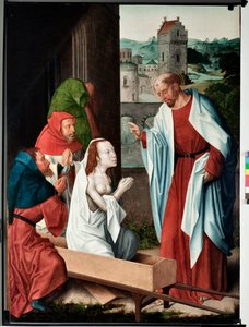 Episode uit het leven van Sint Jan evangelist: De opstanding van Drusiana (Leven van Sint Jan evangelist, de opstanding van Drusiana) Schilderij door de meester van San Giovanni evangelista (einde 15e eeuw) Dim 120x90 cm Genua