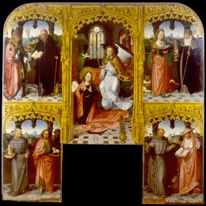 De annunciatie met Sint Lazarus en Antonius Abt, Catharina van Alexandrië en Chiara, Antonius van Padua en Johannes de Doper, Franciscus en Hiëronymus door Master of Saint John the Evanglist