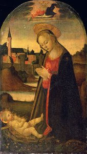 De Madonna aanbidt het kind, een stad aan een rivier op de achtergrond, ca. 1478