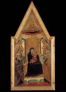 De Maagd in majesteit tussen Sint Paulus, Sint Petrus en vier engelen door Master of Santa Maria di Castello