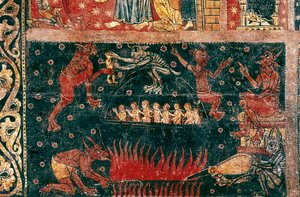 Teken van Sint Michaël. Detail van de hel. Schilderij door De Meester van Soriguerola (midden 13e eeuw). Tempera op hout. Nationaal Kunstmuseum van Catalonië, Barcelona.