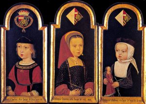 Aartshertog Karel, de latere Heilige Roomse Keizer Karel V., met zijn zussen Eleonora en Isabella op de leeftijd van 2 jaar door Master of St.Georgsgilde