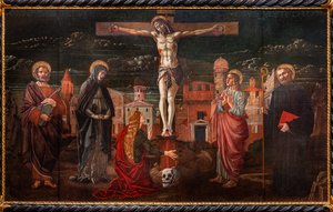 Gekruisigde Christus tussen St. Peter, de Maagd, Maria Magdalena, St. Johannes de apostel en St. Benedictus door Master of St. Peter in Vicenza