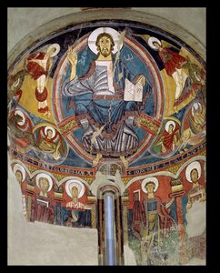Christus in Majesteit geflankeerd door serafijnen en symbolen van de evangelisten, apsisfresco uit San Climente in Taull (Tahull) Catalonië, c.1123 door Master of Tahull