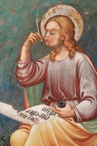 "St. Mattheüs de Evangelist" schrijft "Cum natus esset Yhesus", c.1420 (fresco) Detail, c.1420