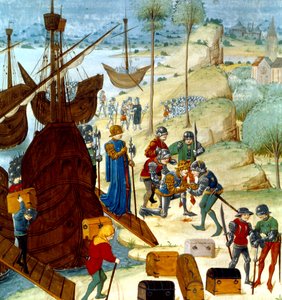 Koning Edward III arriveert in Saint Vaast La Hogue op 12 juli 1346, illustratie uit de Chroniques d