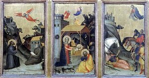 De stigmata van St. Franciscus, de geboorte en de bekering van St. Paulus door Master of the Accademia Misericordia