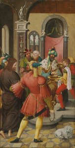 De vleugel van een altaarstuk: Christus voor Pilatus door Master of the Antwerp Adoration