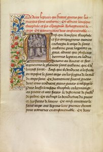 Initial A: Het lichaam van de heilige Antonius vervoerd naar Constantinopel en de genezing van twee lepralijders na het aanraken van het lichaam van de heilige door Master of the Brussels Romuléon