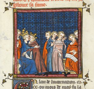 Philip Augustus en koning Jan van Engeland sluiten vrede, illustratie uit 
