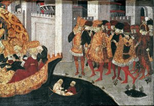 Decameron van Boccaccio (Giovanni Boccaccio): de kasteelheer Pericone verwelkomt Alatiel, dochter van de sultan van Babylon Beminedab en haar gevolg op het eiland Mallorca door Master of the Cassoni