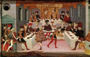 Decameron van Boccaccio: het banket georganiseerd door kasteelheer Pericone om Alatiel, dochter van de sultan van Babylon Beminedab en haar gevolg te verwelkomen op het eiland Mallorca door Master of the Cassoni