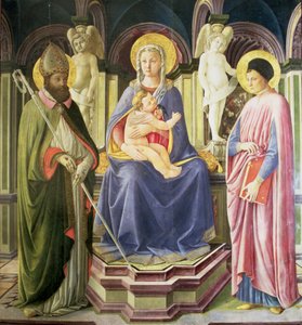 De Madonna en Kind met SS. Clemens en Justinus door Master of the Castello Nativity