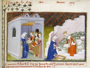 Harley 4431, f.290, Detail van een miniatuur van Christine voor de personificaties van Rede, Rechtvaardigheid en Gerechtigheid en Christine met Rede die de Cité des Dames bouwt