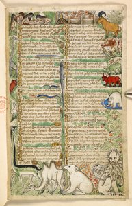Kannibalen, een ommuurde stad en exotische dieren, uit een Verhandeling over de Deugden en Ondeugden, en een anonieme prozageschiedenis van Sicilië door Master of the Cocharelli Codex