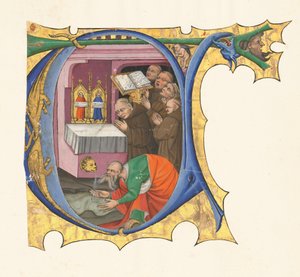 Initiaal T met een Groep Benedictijnse Monniken die voor een Altaar Zingen waaruit Water Komt door Master of the Cypresses