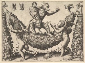 Een aap die een gebonden putto vasthoudt, staand op een guirlande door Master of the Die