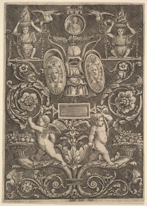 Een paneel van ornament, putti staand op cornucopia in onderste gedeelte, 1530-60 door Master of the Die